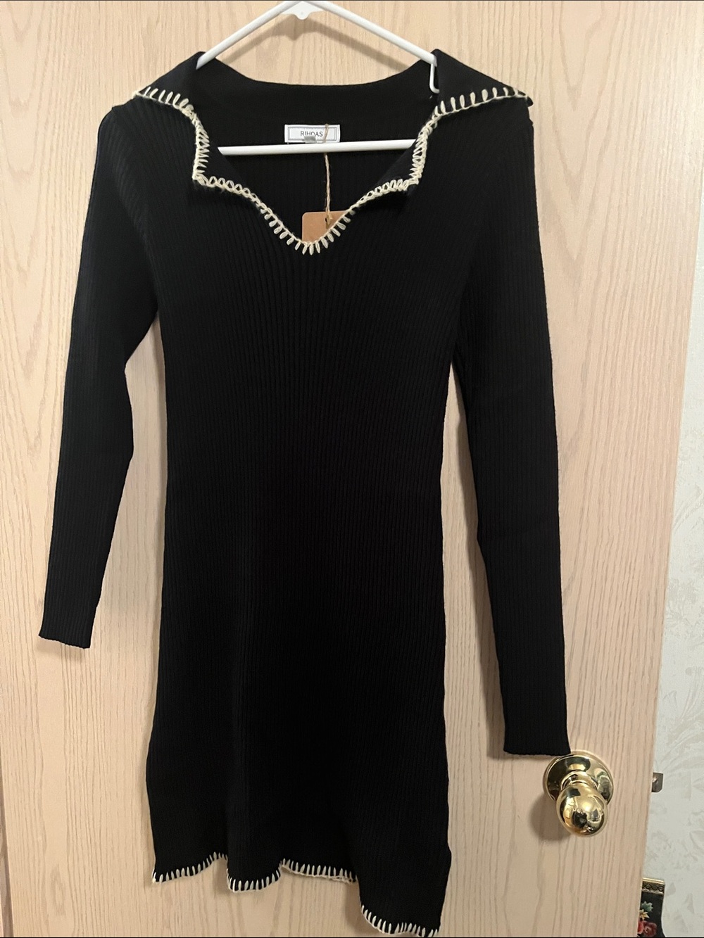 RIHOAS Black Ribbed Long Sleeve Knit Dress with Cream Trim